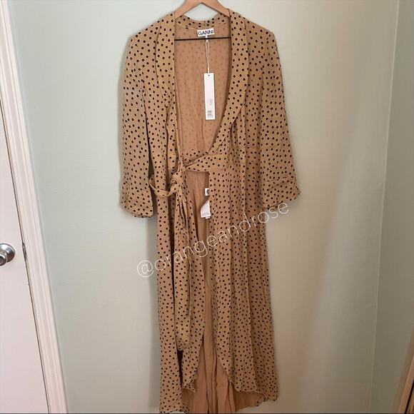 NWT GANNI Tan Black Polka Dot Wrap Maxi Dress 38 M - Picture 15 of 16